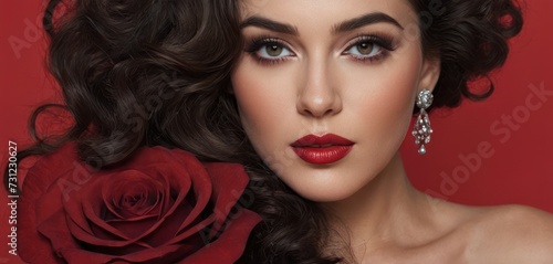 a close up of a woman with a red rose in her hair and a red rose in her other hand. photo