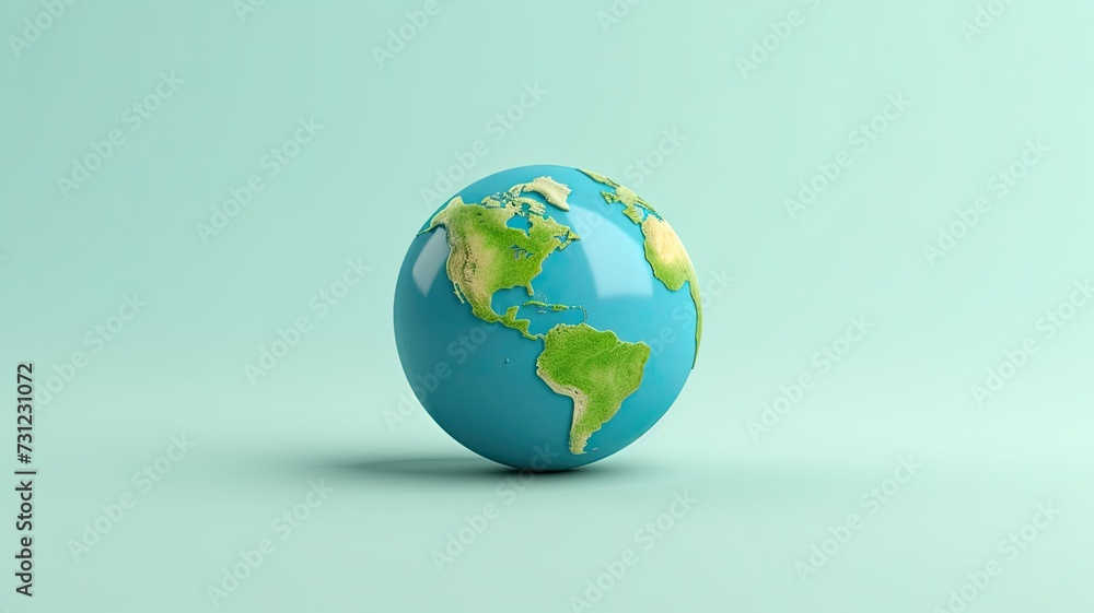 Minimalist 3D render of Earth against a pastel blue background