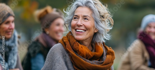 Smiling Senior Woman Sharing a Laugh with Peers in a Cozy Autumn Environment 