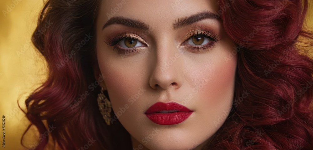 a close up of a woman with red hair wearing a red dress and a pair of earrings on her head. a close up of a woman with red hair wearing a red dress and a pair of earrings on her head.