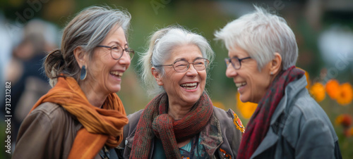 Smiling Trio of Elderly Friends at a Festive Autumn Gathering 