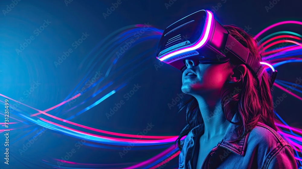 Young woman wearing virtual reality goggles. Future technology concept