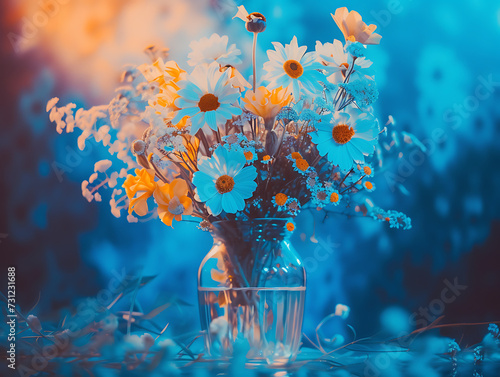 white yellow and blue flowers in a glass vase with li