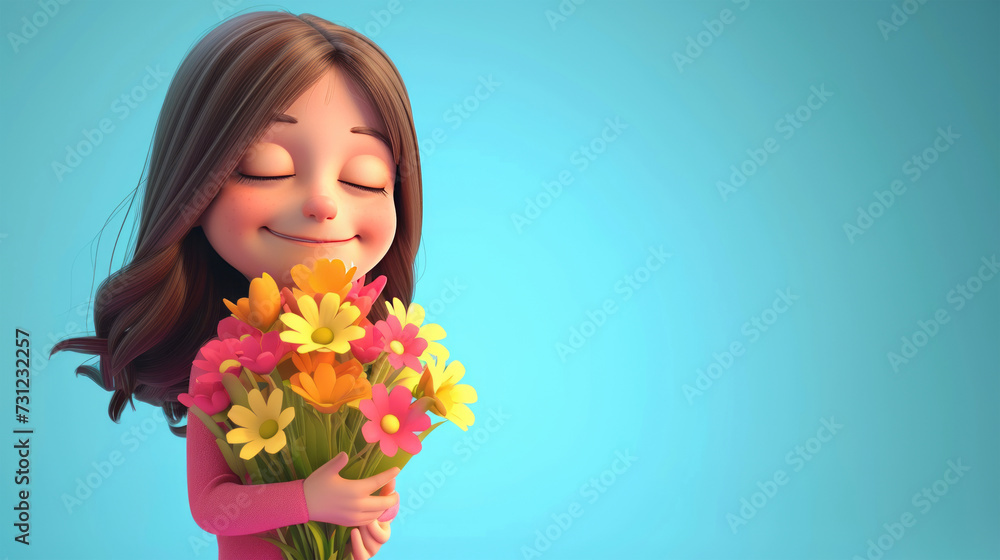 3d cute girl with bouquet of flowers on background space to copy