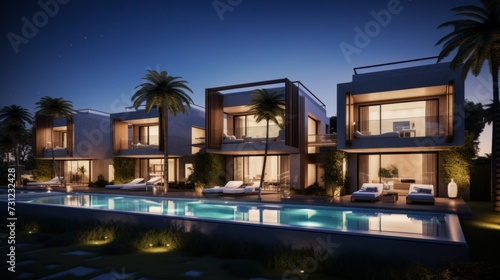 Luxury modern house with swimming pool at night, minimalist architecture design © tetxu