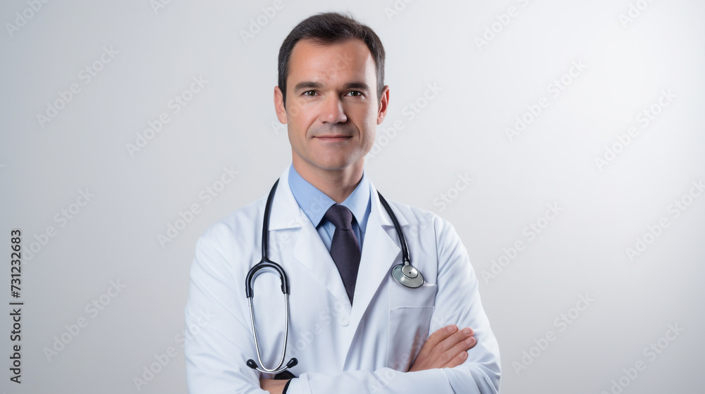 Doctor medical professional white background in a gown smiling Doctor medical professional white background in a gown smiling