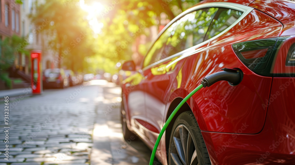 Closeup electric vehicle recharge battery at a public charging station in the city area. EV car attached with electric charger for eco-friendly idea. This image can be used to illustrate eco-friendly 