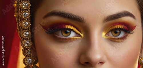 a close up of a woman's face with a red and gold make - up and gold eyeliner.