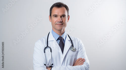 Doctor medical professional white background in a gown smiling
