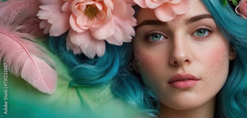 a close up of a woman with blue hair with flowers on her head and a pink flower in her hair. photo