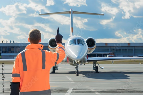 man parks the plane at the airport, Aircraft Marshal Signalling photo