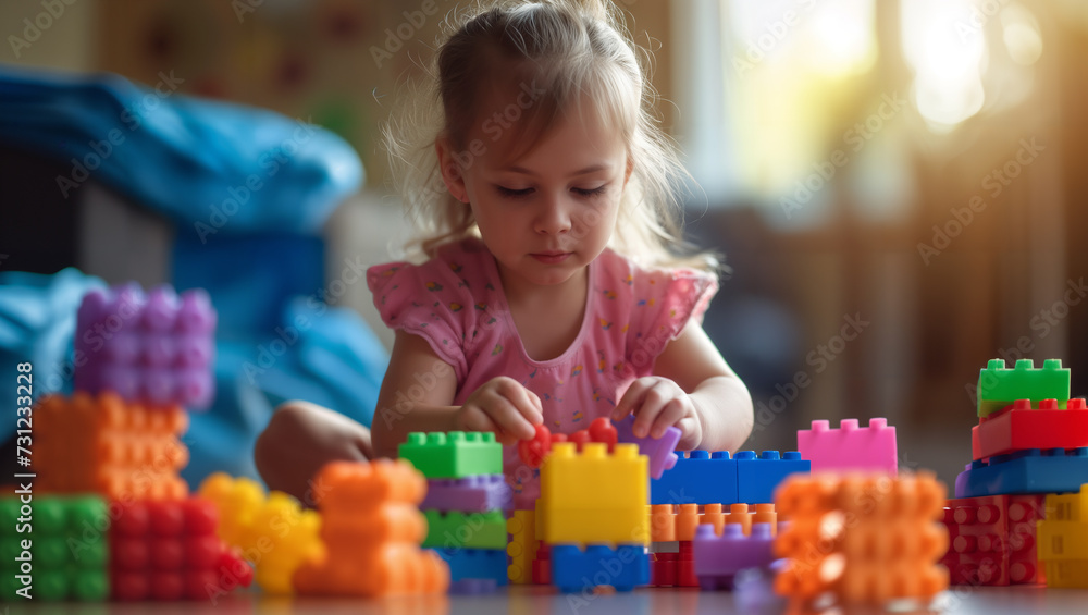 Sweet little blonde girl in a pink dress playing with her colorful plastic bricks Sweet little blonde girl in a pink dress playing with her colorful plastic bricks