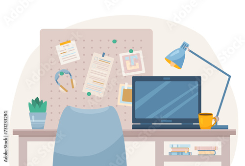 Flat Office room concept with computer on desk and chair. Interior items of modern midcentury design with magnetic board and books. Vector working place cartoon illustration with accessories and lamp
