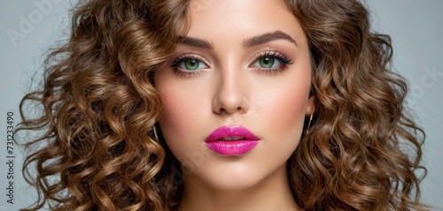 a close up of a woman s face with long curly hair and a bright pink lipstick on her lips.