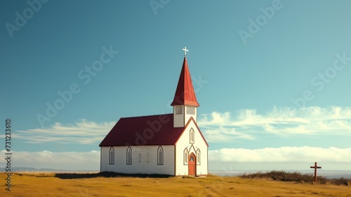 A religious-themed background featuring a prominent church as the focal point.