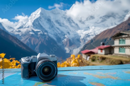 Capturing the grandeur of nature, a camera sits atop a rustic table, its lens pointed towards a majestic snow-capped mountain range framed by a serene sky and wispy clouds photo