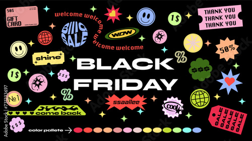 Collection of various patches, labels, tags, stickers, stamps for shopping. Black Friday, discounts, new collection.Trendy promo labels, vector set