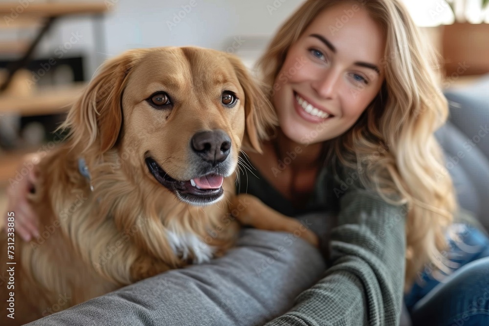 A joyful woman and her loyal golden retriever share a heartwarming bond, as they both flash bright smiles while cuddled up indoors A joyful woman and her loyal golden retriever share a heartwarming bond, as they both flash bright smiles while cuddled up indoors