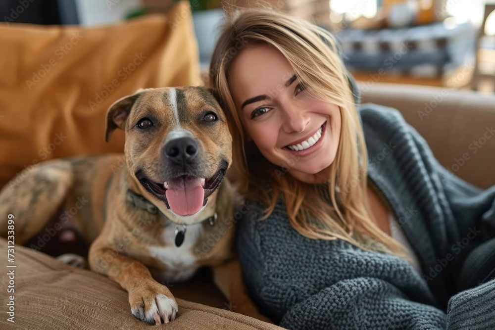 A joyful woman and her loyal dog, a brown corgi, pose together on a cozy indoor sofa, both wearing content smiles as they share a special bond of companionship A joyful woman and her loyal dog, a brown corgi, pose together on a cozy indoor sofa, both wearing content smiles as they share a special bond of companionship