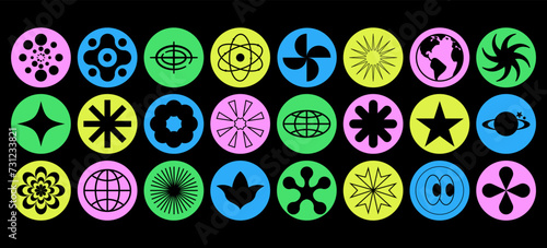 Retro y2k futuristic design elements. collection of abstract graphic geometric symbols and objects. Templates for notes, posters, banners, stickers, business cards, logo