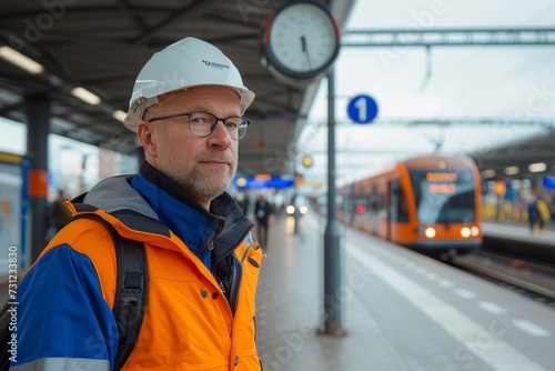 A dedicated railway worker stands confidently on the platform, adorned in a hard hat and bright orange jacket, as he gazes at the train clock with determination in his glasses-clad face at the bustli