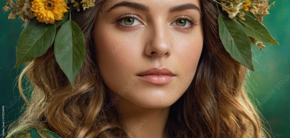 a close up of a woman with flowers in her hair and a wreath of leaves on top of her head. a close up of a woman with flowers in her hair and a wreath of leaves on top of her head.