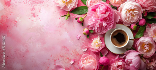 cup of coffe on the peony background, spring breakfast, 
