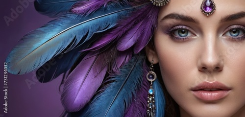 a close up of a woman with blue eyes and a purple and blue feather headdress on her head. photo