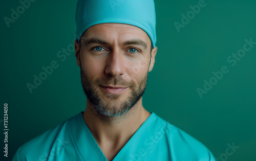 Portrait of a smiling handsome senior male doctor on an isolated green background. Medicine and healthcare concept