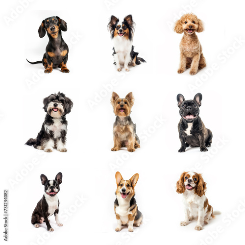 A collection of nine photos of small breed purebred dogs sitting with happy smiling expressions. Isolated on a white background. 