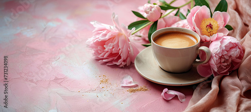 cup of coffe on the peony background, spring breakfast, pink background 