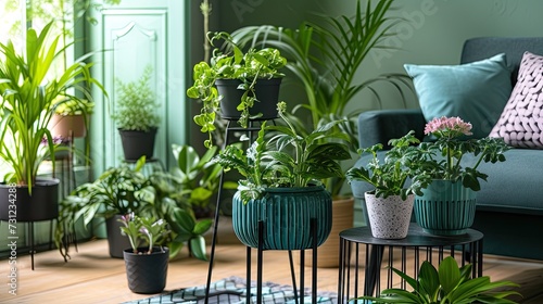 Stylish Green Living - Indoor planters featuring metal stands with a variety of small plants, enhancing the room with botanical charm © pvl0707