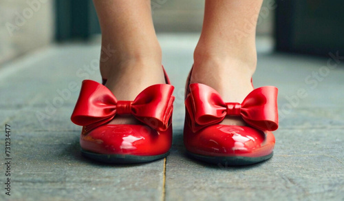 pair of red high low shoes with bows, coquette photo