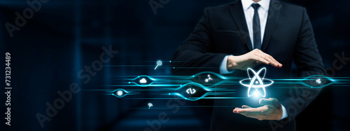 Tableau sur toile Quantum Computing, Businessman Holding Quantum Computing icon, Technological Advancement, Quantum Algorithms, Innovation on Dark Background