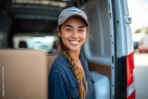 A joyous woman radiates confidence and happiness as she stands in the great outdoors, her smile beaming at the camera while wearing stylish clothing and standing next to a sleek vehicle photo