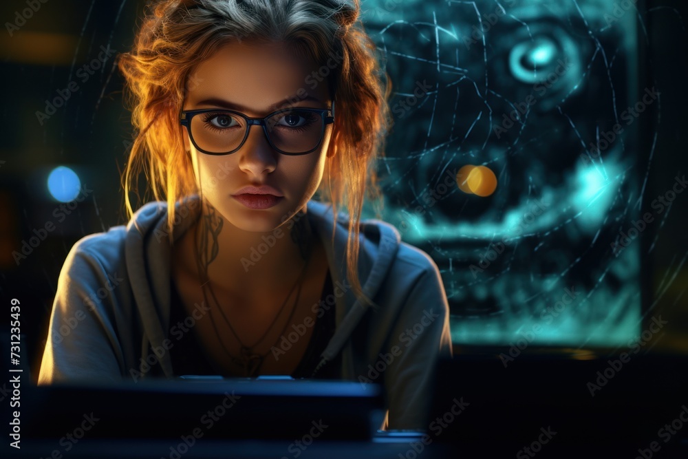 Digital artistry-bespectacled lady with tattoos, absorbed in coding at her monitor during twilight, epitomizing modern technology.