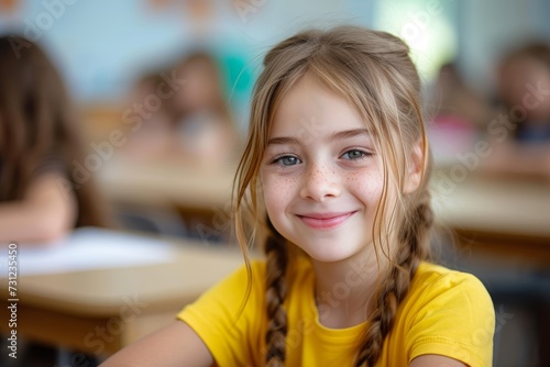 A bright and confident student in her school uniform beams at the camera, showcasing her youthful energy and joyful spirit in the familiar setting of a classroom