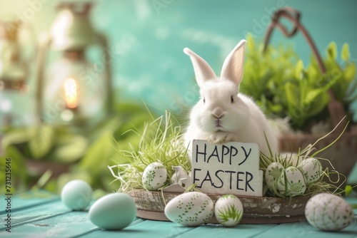HAPPY EASTER with a white bunny and Easter eggs Generative AI