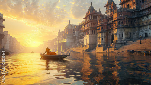 Ancient Varanasi city architecture at sunset with view of sadhu baba enjoying a boat ride on river Ganges. India. photo