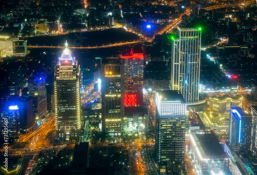 Aerial view of the financial district of Taipei, Taiwan illuminated at night