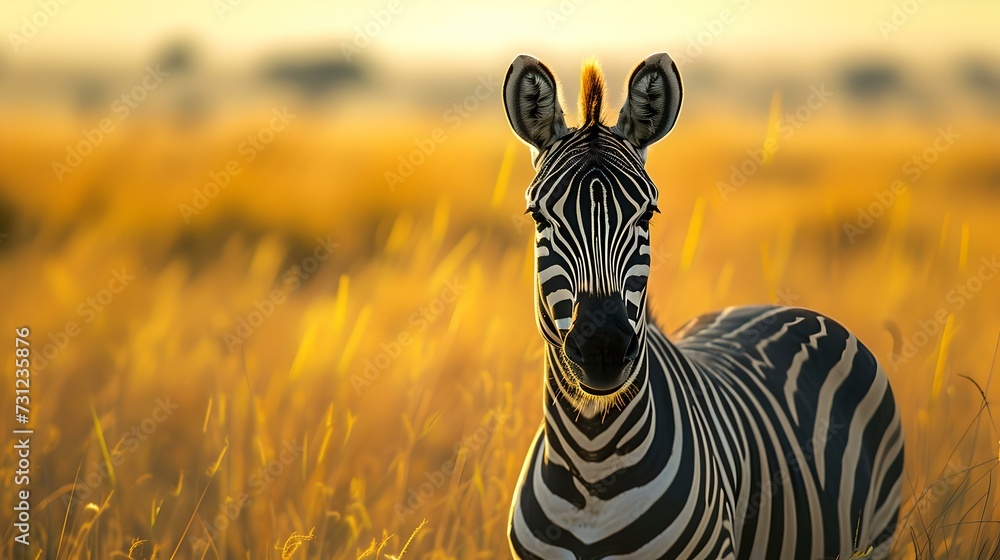 Obraz premium Majestic zebra standing in golden grassland at sunset. wildlife in natural habitat. perfect for backgrounds. AI