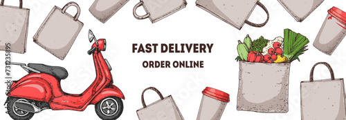 Food Delivery scooter hand drawn. Goods delivery. Vector illustration. Logistics and delivery scooter. Fast delivery of food.
