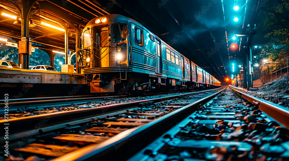A commuter train photographed at low speed at night A commuter train photographed at low speed at night