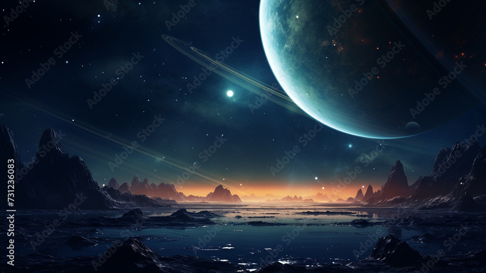 Fantasy land with uninhabited surroundings of sharp rocks and dark lake. In the night sky planet earth is seen with stars and dark sky. Fantasy picture, astro photo. - obrazy, fototapety, plakaty 