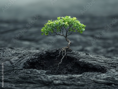 A hia lehua tree sprouting in hardened black lava photo