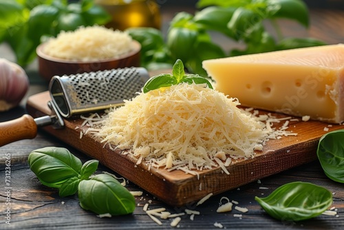 A variety of flavorful and versatile cheeses, including processed provolone and cheddar, are artfully displayed on a wooden cutting board alongside fresh herbs and vegetables, highlighting the beauty photo