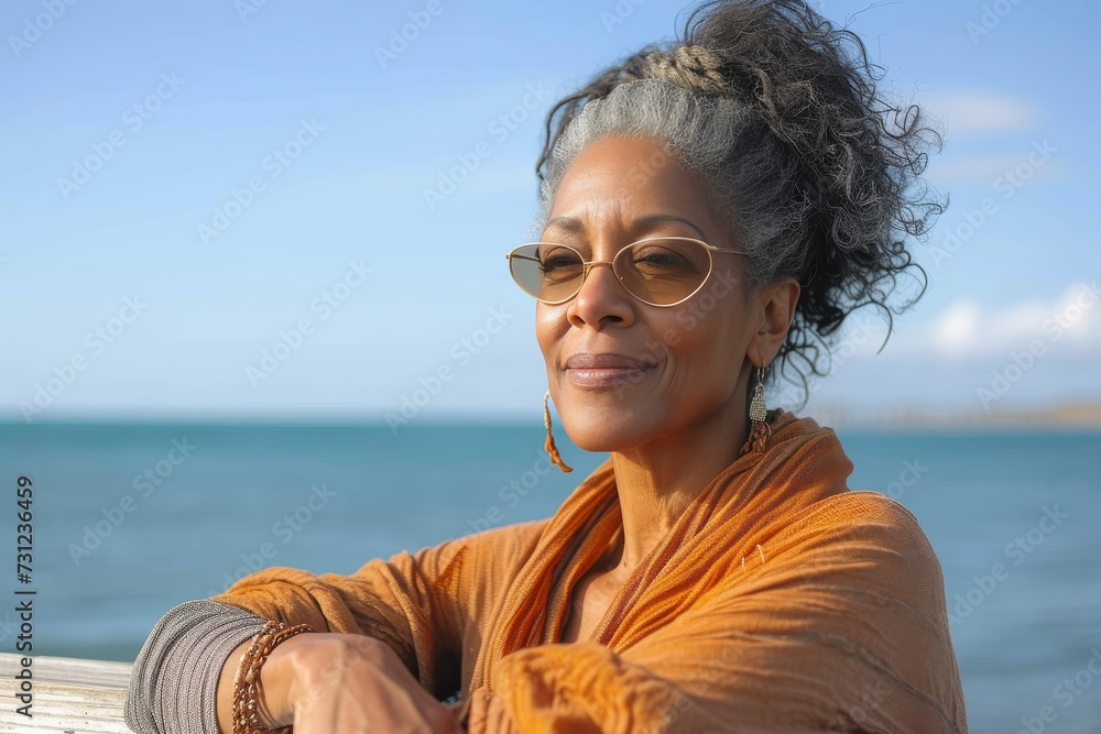A smiling woman, her grey hair framing her face, dons sunglasses and an orange scarf while gazing at the sky and water in an outdoor beach portrait