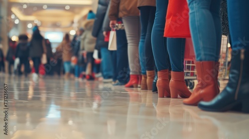 Queue of people shopping, each carrying shopping bags in a shopping center.