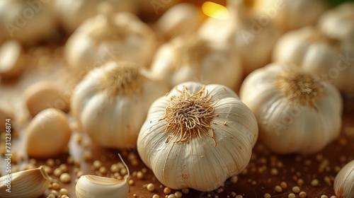 Garlic on the table. Close up view.