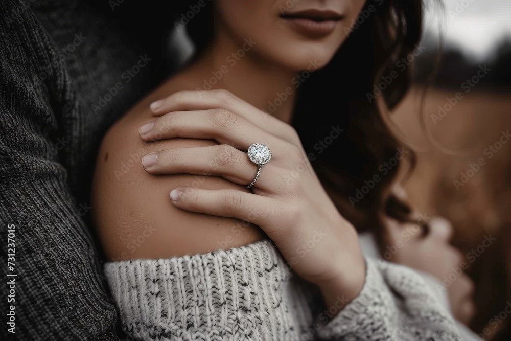 A glamorous woman's sparkling diamond ring shines against her perfectly manicured nails, symbolizing love and commitment on her elegant hand A glamorous woman's sparkling diamond ring shines against her perfectly manicured nails, symbolizing love and commitment on her elegant hand